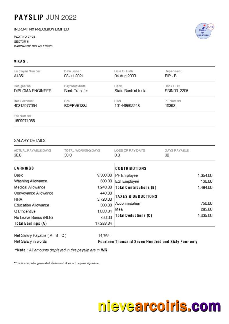 Ind-Sphinx Precision (Tool manufacturer) payslip